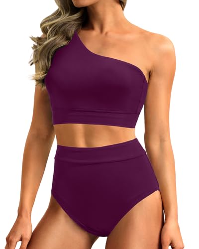 Image of Holipick Women One Shoulder High Waisted Bikini Sets Two Piece Swimsuit Tummy Control Bathing Suit Full Coverage Swimwear