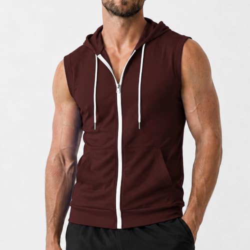 Image of Ohoo Mens Slim Fit Sleeveless Lightweight Zip Up Hooded Sweatshirt Vest Hoodie