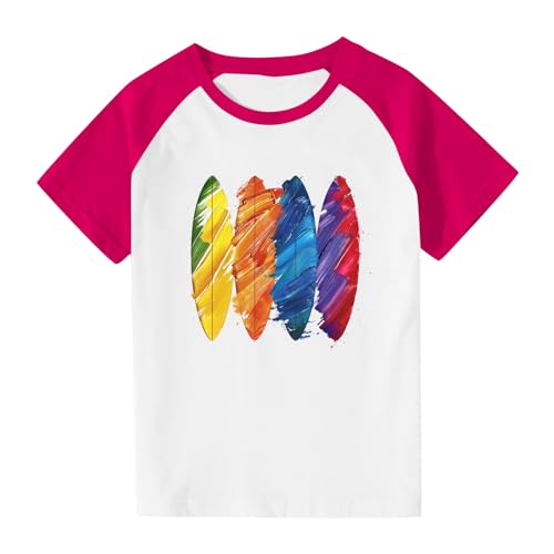 Girls Rainbow Print Cute Summer Tops Color Block Loose Raglan Crewneck T-Shirts Kids Basic Short Sleeve Tees for 3-14 Years