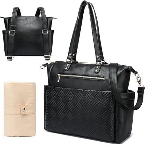 Large Leather Diaper Bag, Tote Diaper Bag Leather Modern, Travel Essential, Diaper Bag Backpack with Changing Pad, Laptop Compartment, Multiple Pockets, Black Diaper Bag Leather Cover