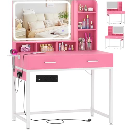 iSunirm Coiffeuse avec Miroir LED,Luminosité Réglable,Table de Maquillage avec 2 Tiroirs et 4 Étagères de Rangement,Meuble Chambre Moderne Femme,Rose