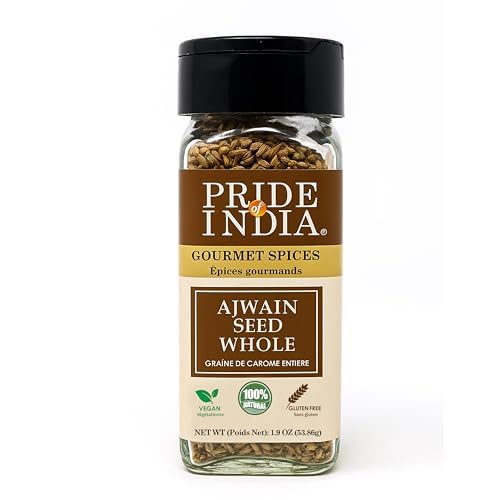 Pride of India – Ajwain Seed Whole – Gourmet Carom Seeds – Flavoring agent for Savory Dishes – Aromatic & Nutrient-Dense – Easy to Use – 2.1 oz. Dual Sifter Bottle