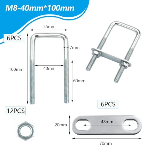 6 Stück Bügelschraube, M8 40x100 mm U-Schrauben, U-Bügel Quadratische, Edelstahl U-Bolzen mit 12 Muttern und 6 Rahmenplatten, U Bügel Mit Gewinde M8, für Zaunpfosten, Rohr Befestigung,Auto Abschleppen