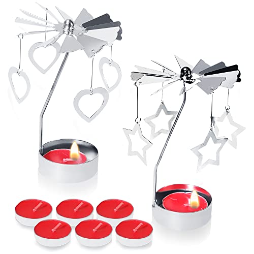 RETON 2 Pcs Spinning Candle Holder, Metal Rotating Tea Light Candle Holder Carousel Candle Holder, Silver Spinning Tealight Holder for Home Festival Decoration + 8pcs Tealight Candles (Heart & Star)