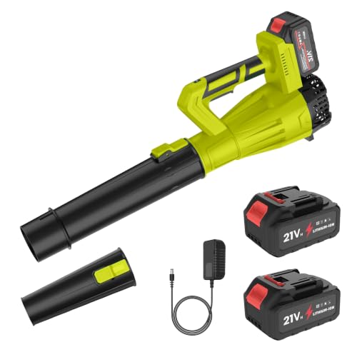 Soplador de hojas inalámbrico de 21 V | Con 2 baterías y cargador, 500 W/6 m³/min 32,000 r/min, fuerza de soplado máxima 1000 g, 6 velocidades