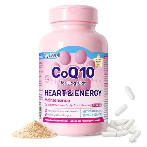 LickWell CoQ10 for Dogs, Coenzyme Q10 Heart & Cardiovascular Support Supplement for Dogs Cats, with Taurine & Chicken Liver Powder, Promotes Heart Health, Cognitive and Energy Support - 120 Capsules