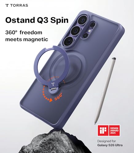 Image of TORRAS Q3 Spin for Samsung Galaxy S26 Ultra Case, 360 Magnetic Stand, Compatible with MagSafe, Shockproof Slim Protective Back Cover with Ring Kickstand | Translucent Matte Finish | Aesthetic Purple