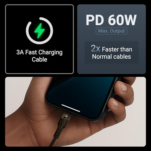 Image of Zebronics Wattz 60CC2 Type-C to Type-C Soft Silicone Cable, PD 60W, 1 Meter, Durable, Charge & Sync, Rapid Charging, For Laptops, Tablets, Mobiles (Black)