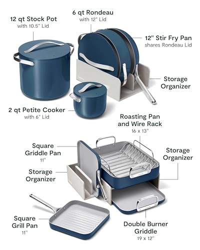 Image of Caraway 31-Piece Ceramic Cookware Bundle - Fry Pans, Saucepans, Saute Pan, Dutch Oven, Petite Cooker, Stir Fry, Rondeau, Stock Pot, Grill & Griddle Pans, Roasting Pan, Racks, Organizers - Navy