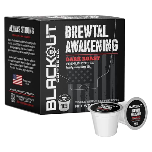 Blackout Coffee Brewtal Awakening Dark Roast Coffee – HIGH CAFFEINE, Bold & Strong, Fuel Your Mission – 18 Count Coffee Pods
