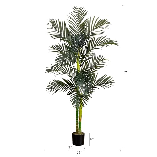Image of Nearly Natural 6ft Golden Cane Palm Tree, Artificial Double Stalk with Lifelike Leaves, Bendable Branches, Includes Nursery Planter, Ideal for Indoor Decor, Vibrant Green