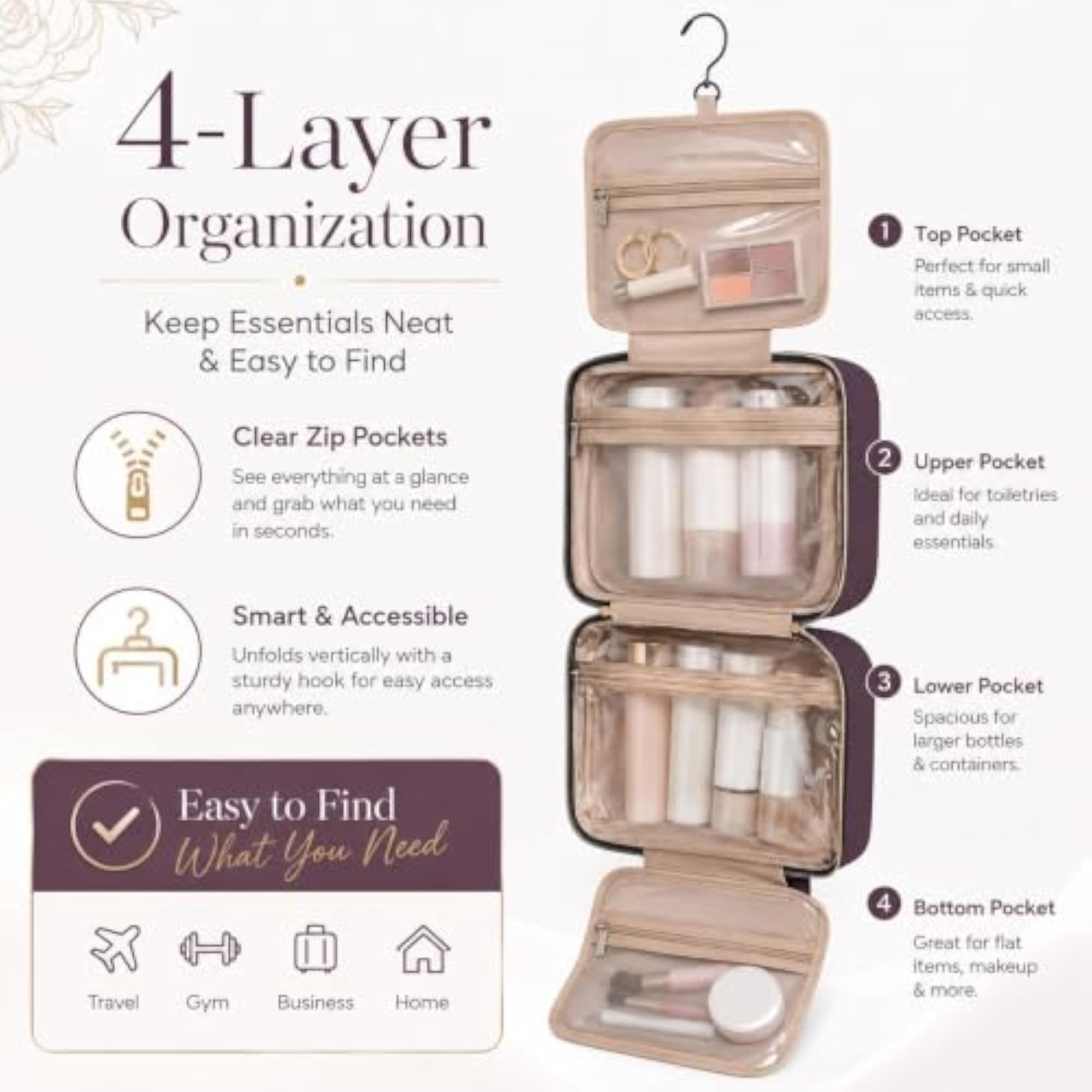 Spacious Hanging Travel Toiletry Bag, Makeup Organizer with Hook