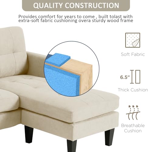 Grepatio Convertible Sectional Sofa Couch, L-Shaped Couch Sofa with Modern Linen Fabric for Living Room Small Space (Beige)