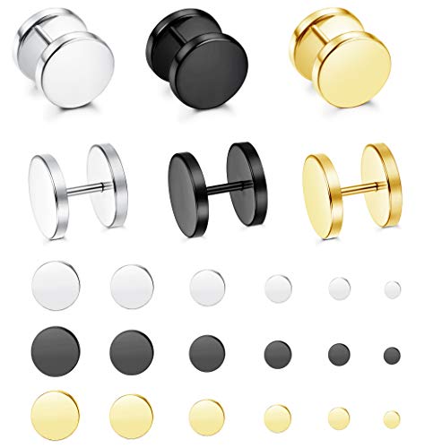Udalyn 18 Pairs Stainless Steel Flat Stud Earrings Set for Men Women Faux Gauges Ear Tunnel Piercing Screw Earrings Silver Black Gold-Tone 5-10mm