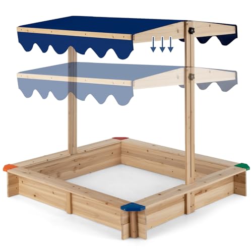 COSTWAY Arenero Infantil de Madera con Techo Inclinable Ajustable, Caja de Arena para Niños, Estación de Juegos de Arena con Diseño Sin Fondo, Esquinas Protectoras, para Patio, Césped, Jardín, Playa