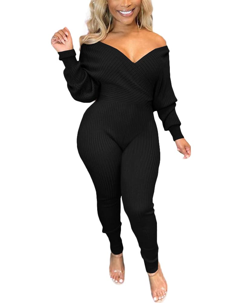OphestinWomens Sexy V Neck Solid Color Long Sleeve Ribbed Knit Bodycon Jumpsuit