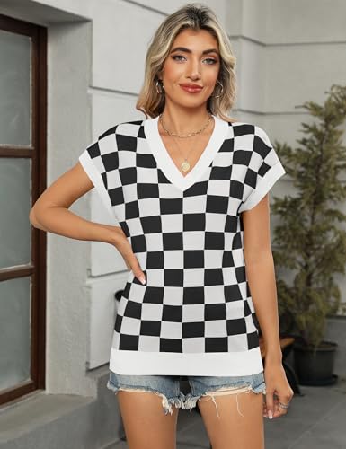 Image of LOMON Womens Summer Cap Sleeve Sweater Vest Casual V Neck Knit Short Sleeve Plaid Pullover Sweaters Loose Fit Work Tops