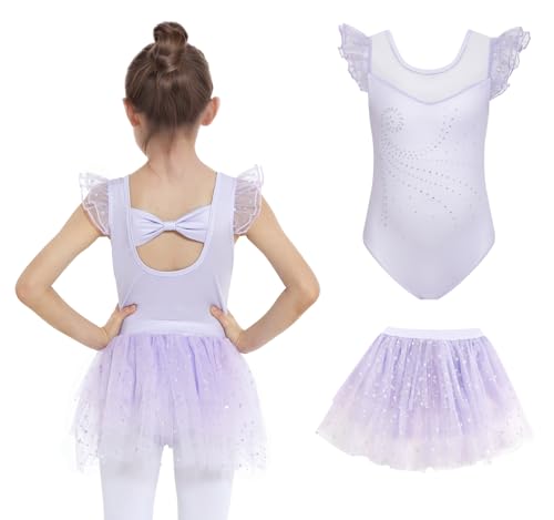 JiAmy Mädchen Ballettbekleidung Rüschenärmel Ballettkleid Kinder Ballett Outfit Tanzkleid Ballerina Kleid mit Rock Tütü für 5-6 Jahre,Violett