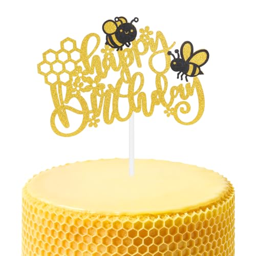 mciskin Honeybee Happy Birthday Cake Toppers for Cake,Honeybee Birthday Decorations for Gilr Wome,Personalised Cake Toppers Yellow Cake Topper Glitter Cupcake Topper for Birthday Party Cake Decoration