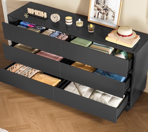 Image of TEENFON 55 inch Dresser for Bedroom with 6 Drawers, Black Dresser with Metal Slide, Bedroom Dressers, Wood Dressers & Chests of Drawers for Bedroom, Hallway, Black