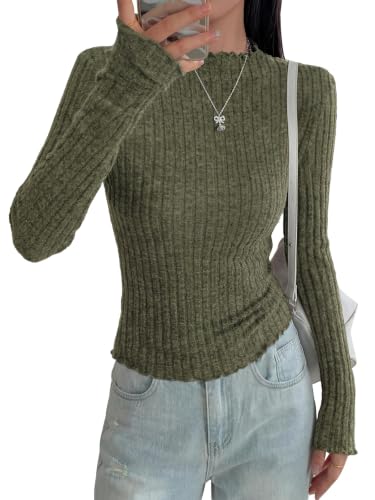 PRETTYGARDEN Long Sleeve Sweaters for Women Lightweight 2026 Fall Fashion Mock Neck Shirts Tight Tops Ladies Work Blouses (Army Green, XX-Large)