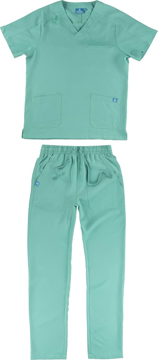 WORKTEAM Conjunto Sanitario de Casaca y Pantalón en Microfibra Elástica Bidireccional, Manga Corta, Cuello Pico y Cintura con Cordón Unisex