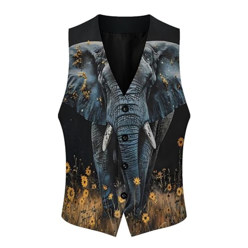 Elephant Sunflower Men's Suit Vest Waistcoat Vests Formal Dress with 2 Pockets for Business Casual Tuxedo3
