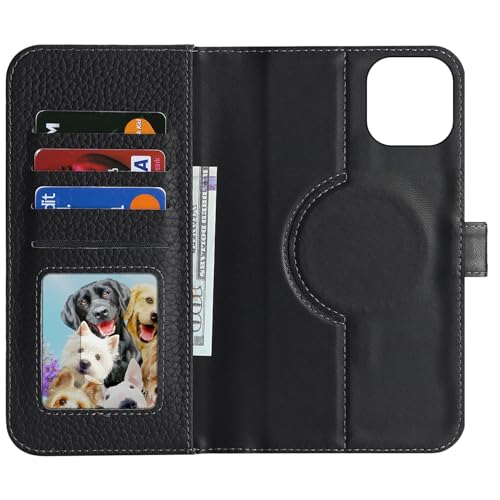 Image of Detachable Genuine Leather Case for iPhone 15 Wallet Case Magnetic 2in1 Removable Flip Cover Book Purse Compatible with Magsafe Charging Kickstand Card Holder-Black