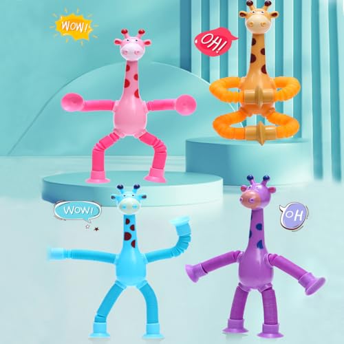 YANXINKE Teleskop Saugnapf Giraffe Spielzeug, 4 Stück Telescopic Suction Cup Giraffe Toy, Cartoon Teleskop Rohr Giraffe Stretch, Teleskop Giraffe Spielzeug