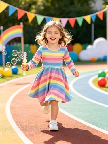 Image of Tkria Toddler Girls Rainbow Dress Striped Fall Dress Cartoon Colourful Long Sleeve Casual Dressy 2-7T