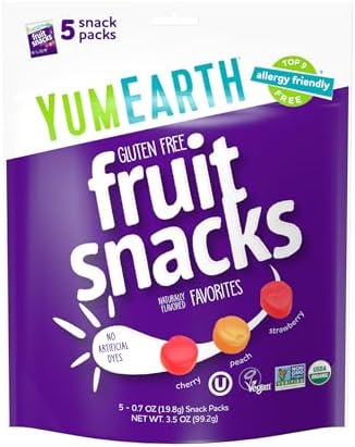 YumEarth Organic Fruit Snacks, Fruit Flavored Snack Packs, Allergy Friendly, Gluten Free, Non-GMO, Vegan, No Artificial Flavors or Dyes (5 Snack Packs)