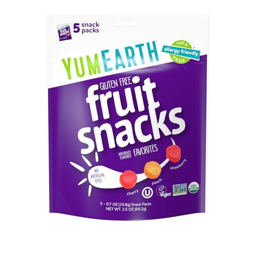 YumEarth Organic Fruit Snacks, Fruit Flavored Snack Packs, Allergy Friendly, Gluten Free, Non-GMO, Vegan, No Artificial Flavors or Dyes (5 Snack Packs)