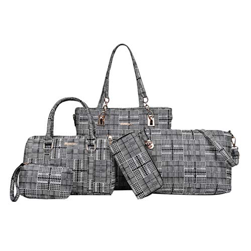 Haobing Mujer Bolsos Conjunto 5 Piezas Cuero PU Plaid Bolsos de Hombro + Bolso de Mano + Bolsas Bandolera Crossbody + Embrague + Monedero (Gris, 5PCS)