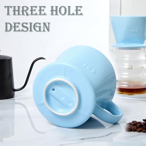 Image of Pour Over Coffee Dripper, Ceramic Pour Over Coffee Maker, Blue | 3 Holes Flat Bottom, Easy Manual Brew Maker, Porcelain Slow Filter Cone for Travel, Camping, Office, Home