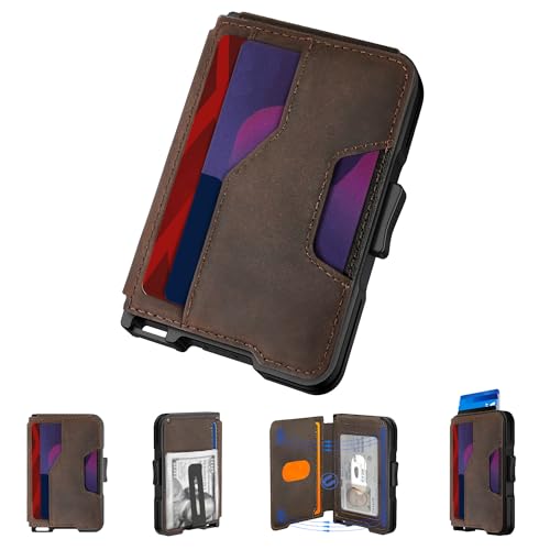 Image of tizmuo Wallet for Men, Slim Wallet for Men with Money Clip, Pop Up Card Case, RFID Blocking Bifold Wallets, Minimalist Leather Slots Credit Card Holder (Genuine Leather Dark Coffee)