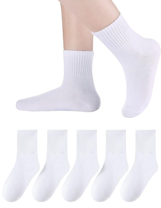 Boys Girls Seamless Crew Socks For Children, Ankle Socks, Brathable Cotton 3-13 Years Black White 5 Pairs