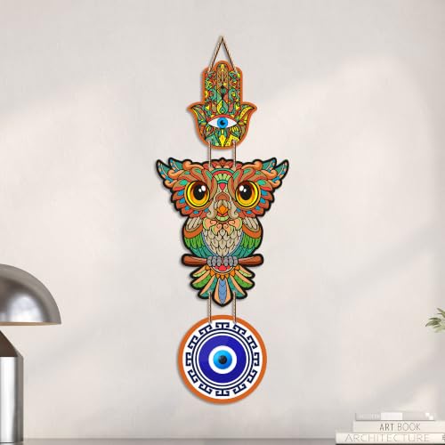 Image of Artvibes Colorful Owl Evil Eye Wall Hanging for Home Entrance | Lucky Owl Nazar Battu MDF Hanging Decor | Vastu Decorative Wall Art for Living Room | Bedroom | Office & Balcony | Gift Item (WH 8526N)