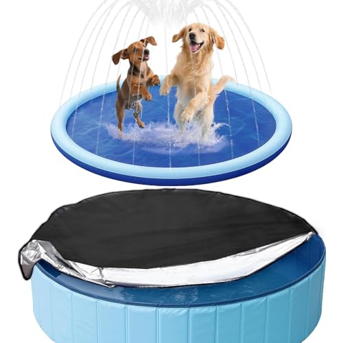 PatiencET Bundle of 63 in Dog Pool Cover and 67\'\' Splash Sprinkler Pad for Dogs for Small Medium Large Pets