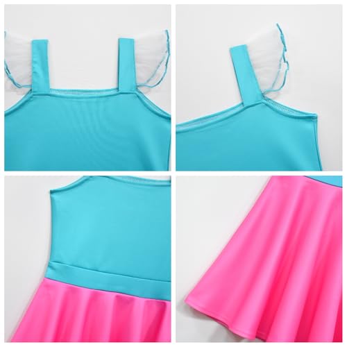 Girls Poppy Flutter Sleeve Blue and Pink Summer Square Neck Flounce Hem Casual Party Dress Outfits3