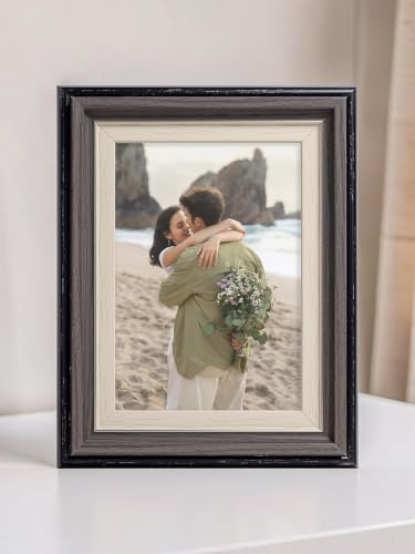 Image of GOLDEN PEACOCK 5x7 Inch PVC Photo Frame with Glass, Black & Walnut Brown Wood Texture Finish | Tabletop & Wall Mount Picture Frame for Home, Office & Gift Display