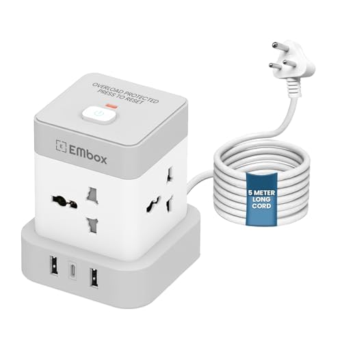 Image of EMBOX Cube Extension Board 5 Meter Cable Type C | (3.4 A) (QC 3.0) Universal Sockets 2500W Extension Board with Switches Safety Shutter & Overload Protector | Extension Cord 12W