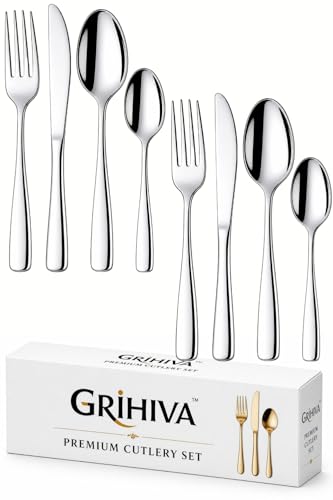 Image of 8 Pcs Silver Mirror Polish Stainless Steel Cutlery Set for Dining Table with Spoons and Forks Set + Butterknives - The Perfect Tableware /Flatware