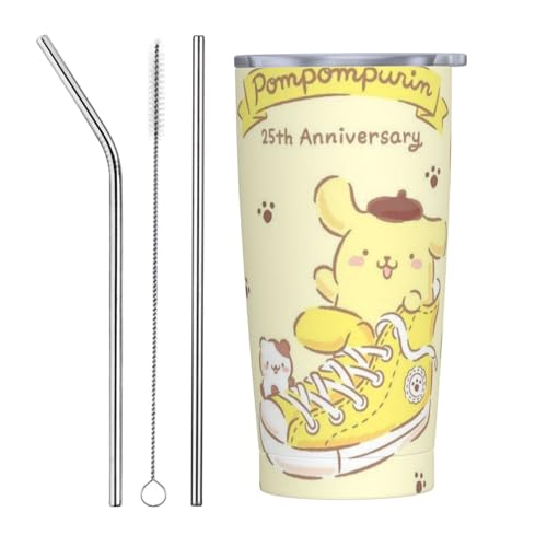ポムポムプリン アニメ ストロー&ストローブラシ付き マグカップ コーヒーカップ 600ml コンビニカップ タンブラー ステンレス製 保冷 保温 車用 蓋付き 持ち運び 水筒 大容量 直飲み キャラクター 人気 プレゼント