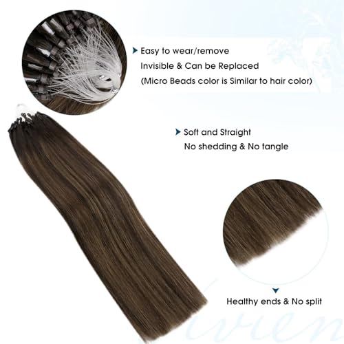 Vivien Micro Beads Human Hair Extensions balayage Brown Micro Link Hair Extensions Remy Human Hair Darkest Brown Mixed Light Brown Micro Loop Hair Extensions Silky Straight 18inch #2/8/2 50g 50s - Image 3