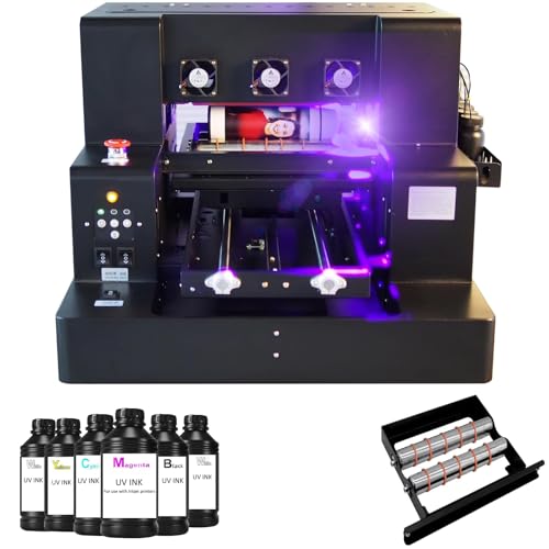Imprimante UV A4, Imprimante UV DTF, Imprimante UV LED UV Printer jet d'encre USB 2880 x1440dpi avec rotation pour bouteilles/papier/étui de téléphone/pvc/plastique/bois/métal/cuir etc. A4UV-L805)