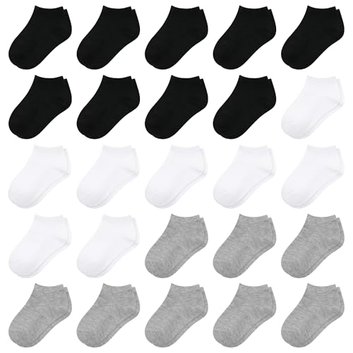 Image of 25 Pairs Boys Ankle Socks, School Low Cut Socks 1-14 Years | Classic black, white & grey value pack, unisex design matches all outfits for boys and girls
