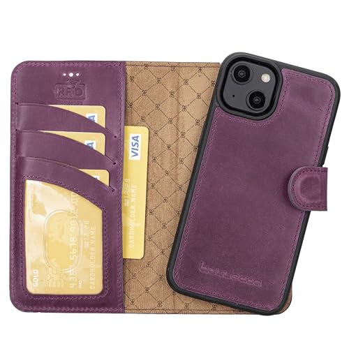 BOULETTA for iPhone 14 Wallet Case Magsafe Compatible Full Grain Leather, Magnetic Detachable Folio Phone Wallet Case (2 in 1) - 3 Card Holders with RFID Blocking 6.1 inch, Purple