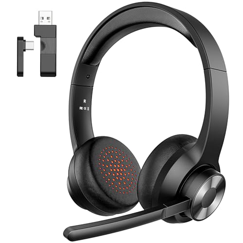 Wireless Headset with Mic for Work, Bluetooth 5.4 Office Headset with AI Noise Cancelling, USB A/C Dongle & Mic Mute for Computer Laptop PC, Lightweight Design for Call Center