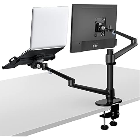 Viozon Monitor and Laptop Mount, 2-in-1 Adjustable Dual Arm Desk Mounts Single Desk Arm Stand/Holder for 17 to 32 Inch LCD Computer Screens, Extra Tray Fits 12 to 17 inch Laptops (Black) Cover