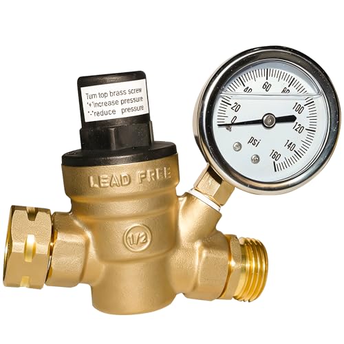 Hourleey Water Pressure Regulator Valve, RV Brass with Gauge and